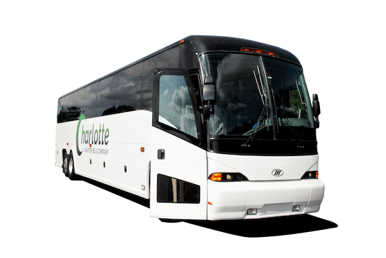 a plain white charter bus with a "Charlotte Charter Bus Company" logo